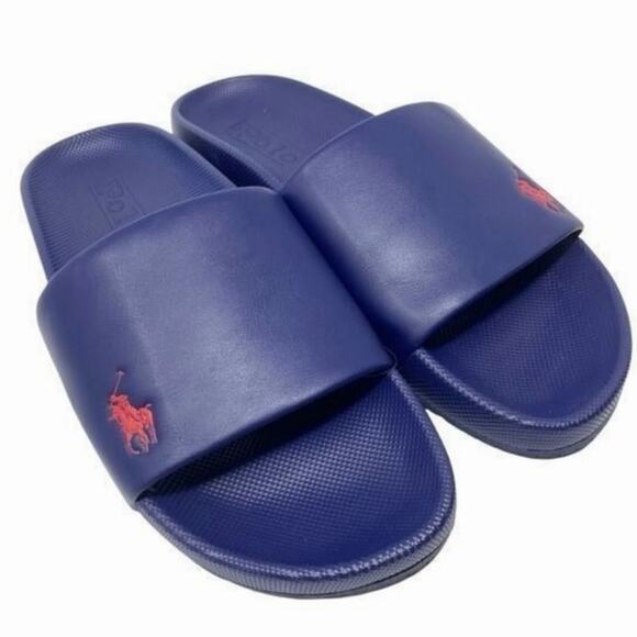 Polk Ralph Lauren Mens Cayson Pool Slides Navy Blue, Red Size 10 main image 4